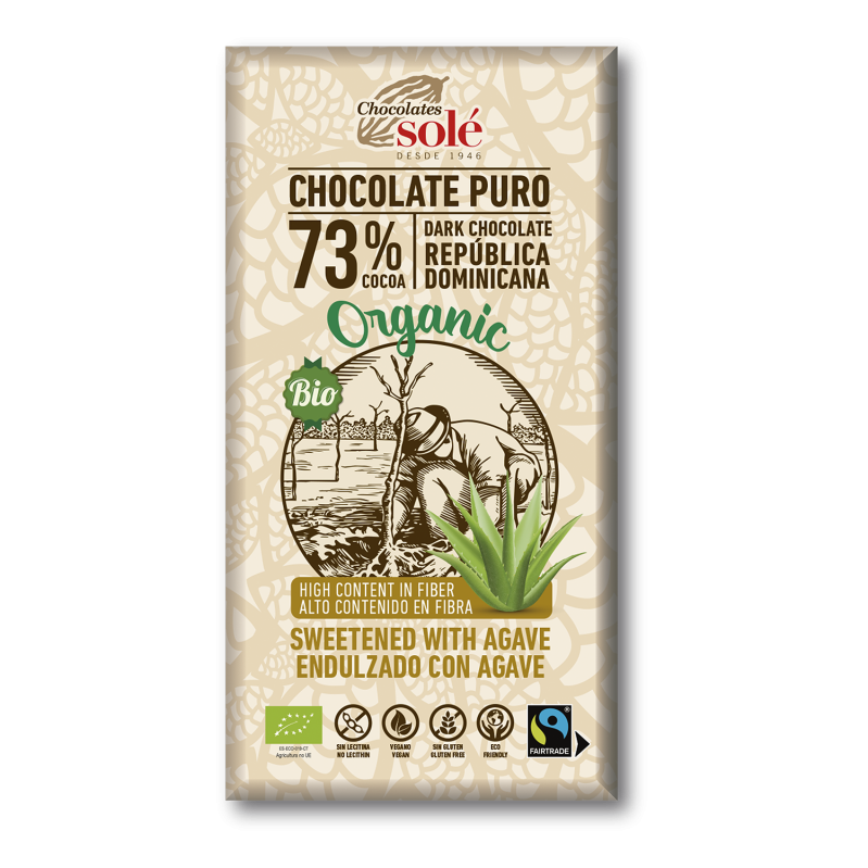 Chocolate Negro 73% Cacao con Agave 100g  -Sin Azúcar Sacarosa- BIO