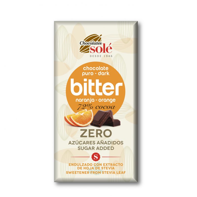 Chocolate Bitter 72% Cacao con Naranja Endulzado con Stevia 100g