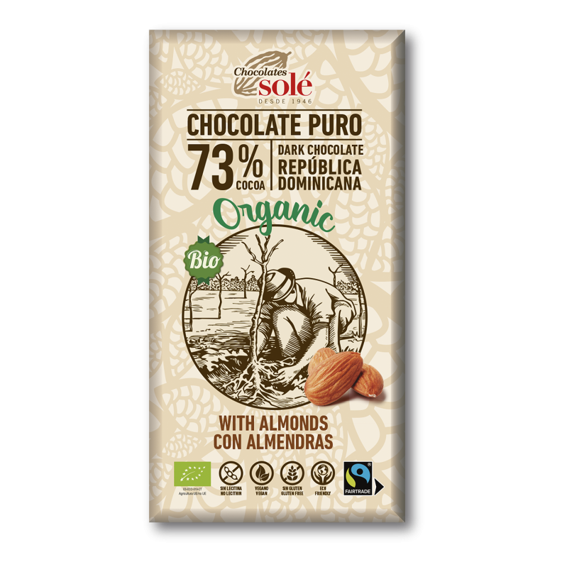 Chocolate Negro 73%  Cacao con Almendras 150g BIO